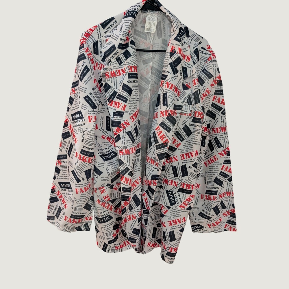Newspaper Print Blazer Jacket XL Fake News Graphic Open Front White Red Black
